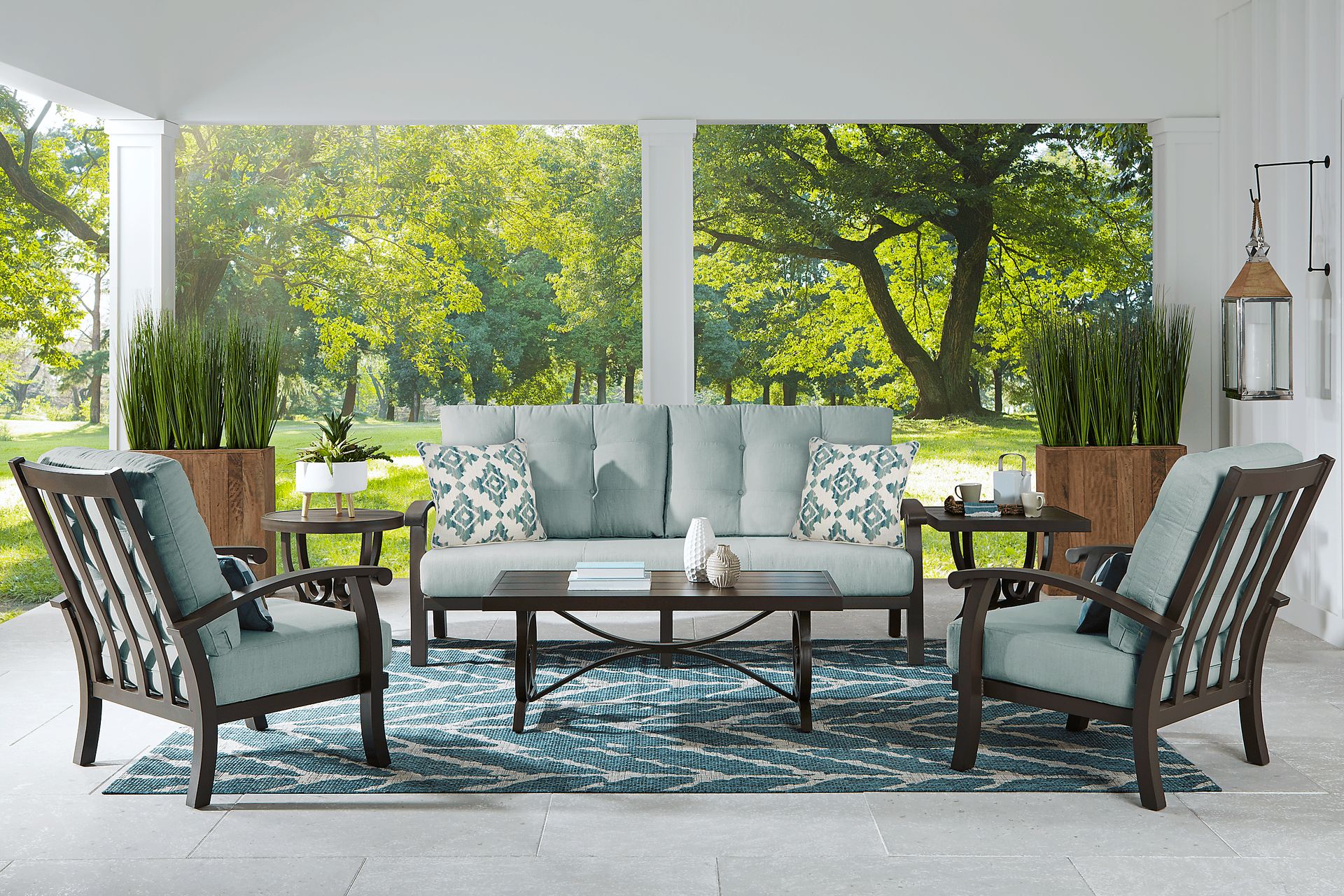 Lake Breeze Aged Bronze Outdoor 4 Pc Seating Set with Seafoam Cushions - Image 1