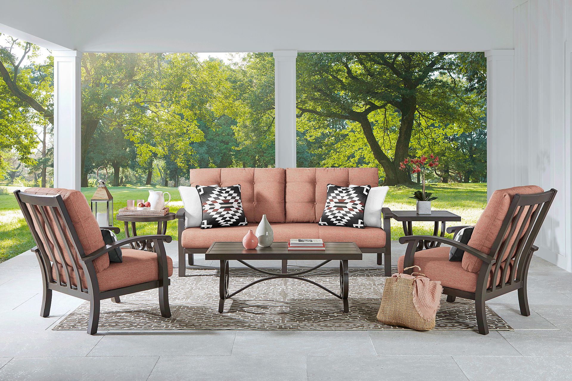 Lake Breeze Aged Bronze Outdoor 4 Pc Seating Set with Terracotta Cushions - Image 1