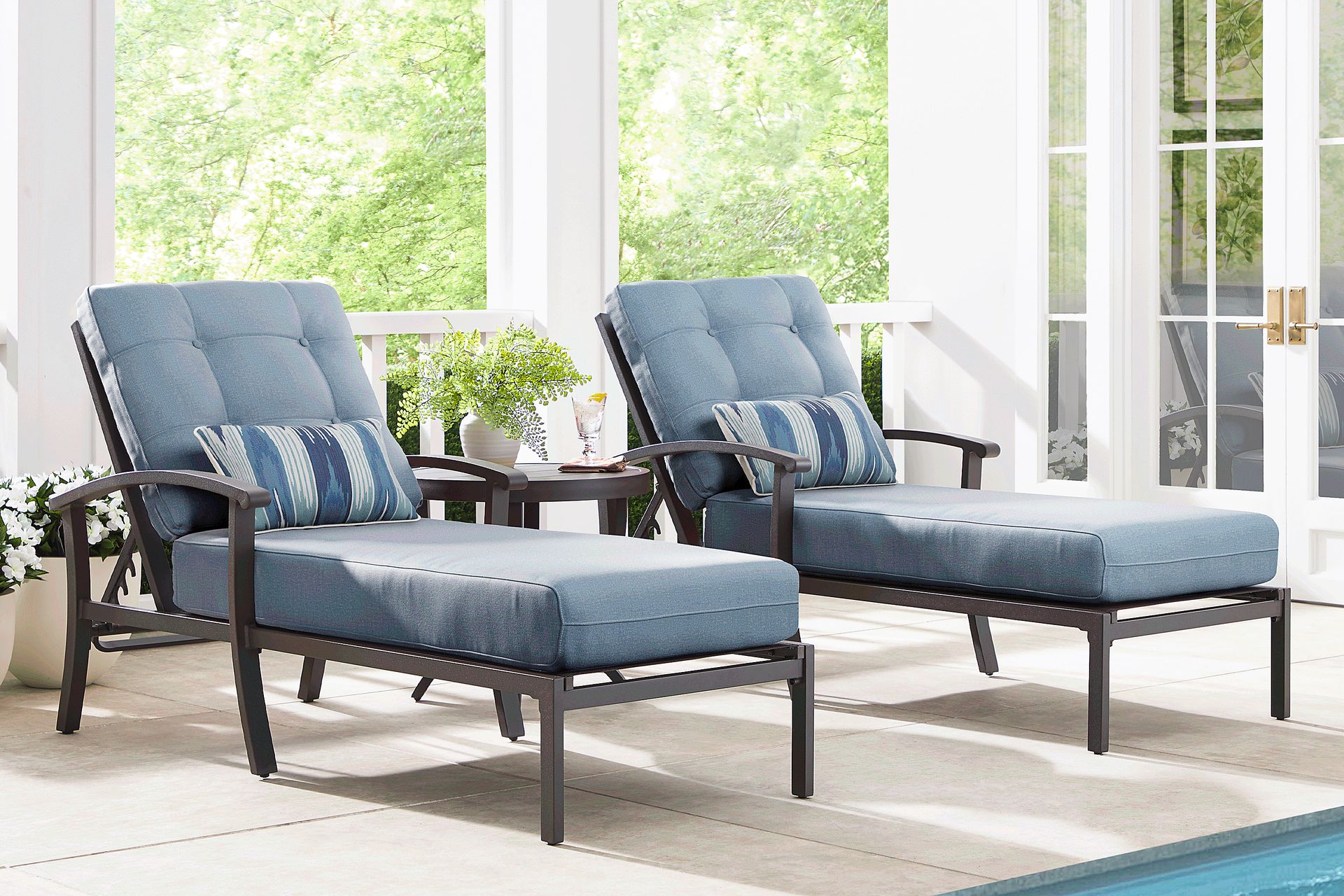 Lake Breeze Aged Bronze Outdoor Chaise with Blueberry Cushions, Set of 2 - Image 2