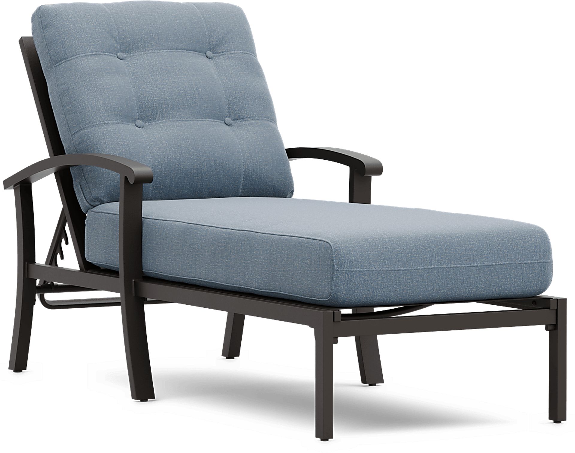 Lake Breeze Aged Bronze Outdoor Chaise with Blueberry Cushions - Image 1