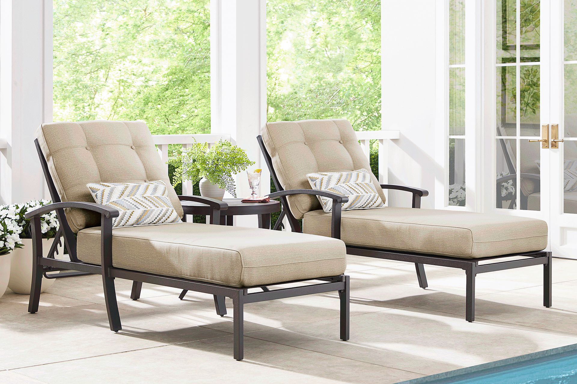 Lake Breeze Aged Bronze Outdoor Chaise with Hemp-Colored Cushions, Set of 2 - Image 2