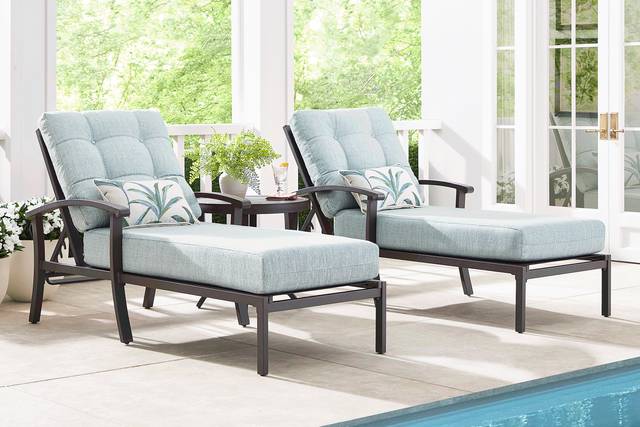 Lake Breeze Aged Bronze Outdoor Chaise with Mist Cushions, Set of 2 - Thumbnail - Image 1