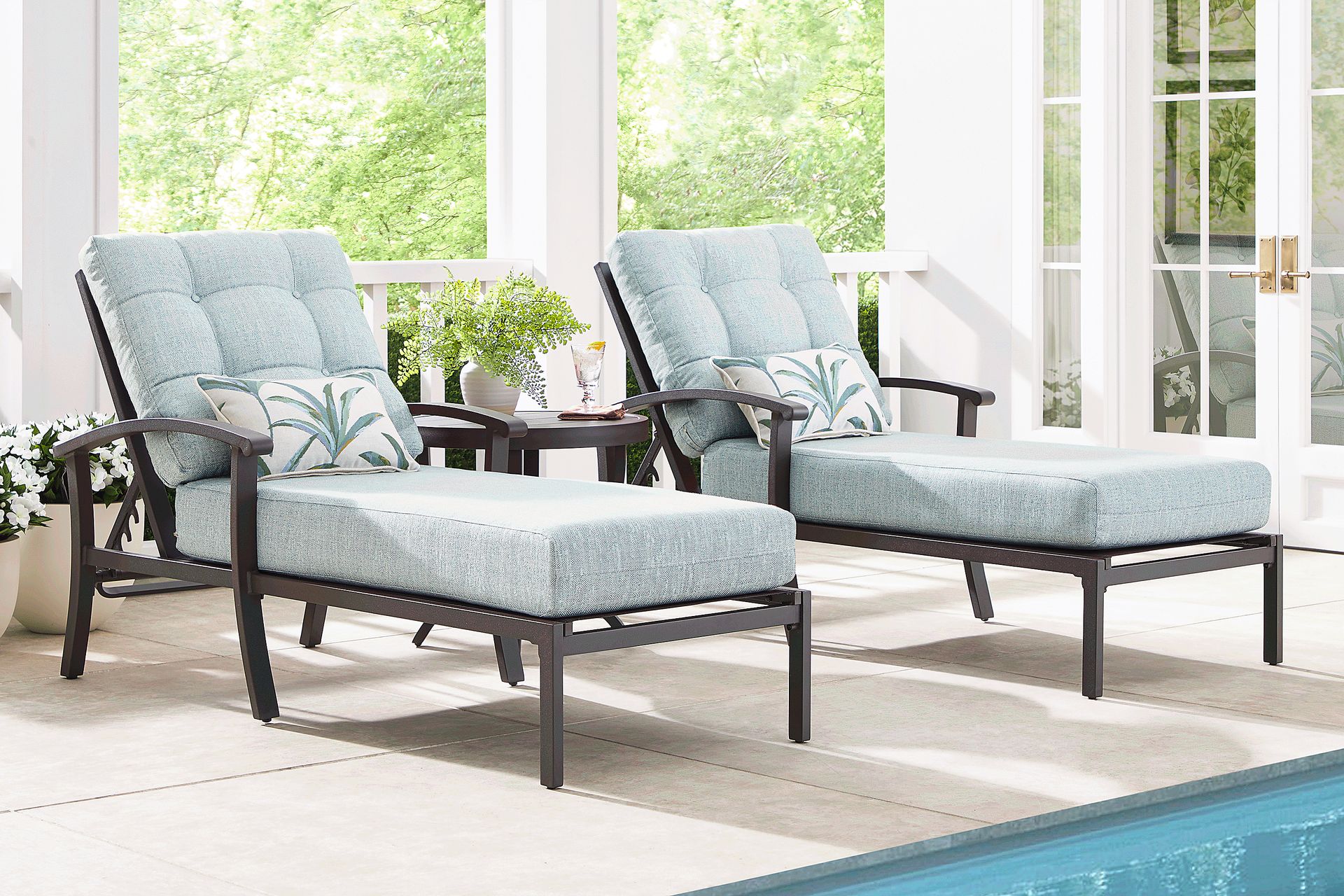 Lake Breeze Aged Bronze Outdoor Chaise with Mist Cushions, Set of 2 - Image 1