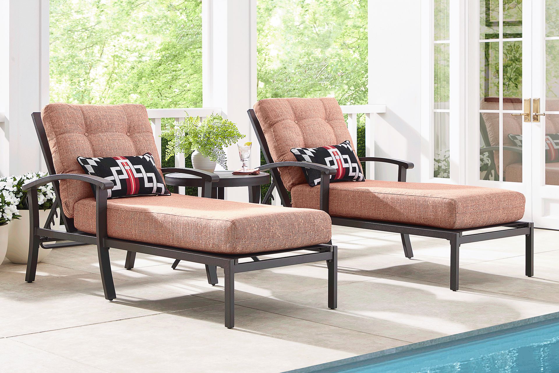 Lake Breeze Aged Bronze Outdoor Chaise with Terracotta Cushions, Set of 2 - Image 1