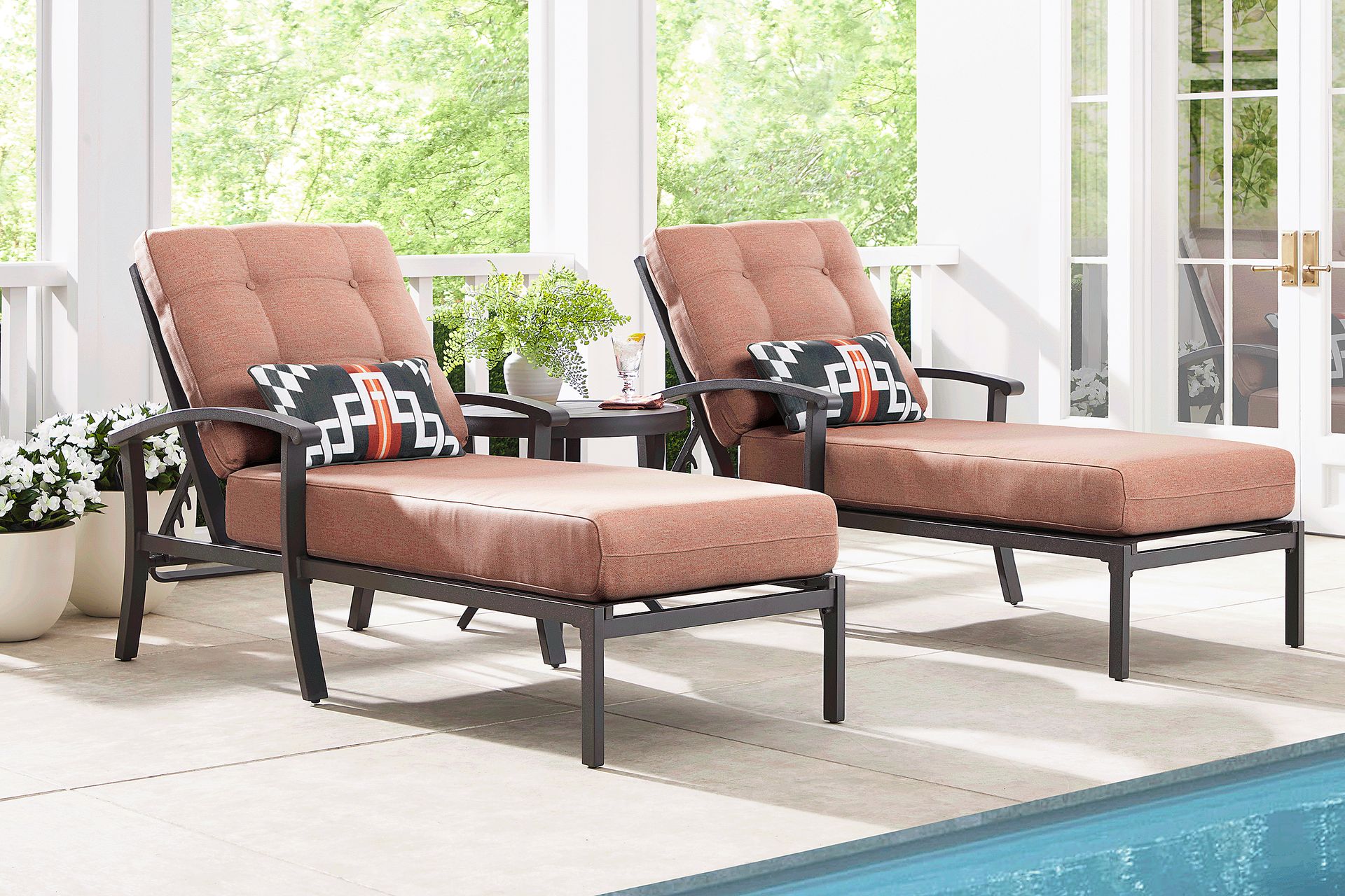 Lake Breeze Aged Bronze Outdoor Chaise with Terracotta Cushions, Set of 2 - Image 1
