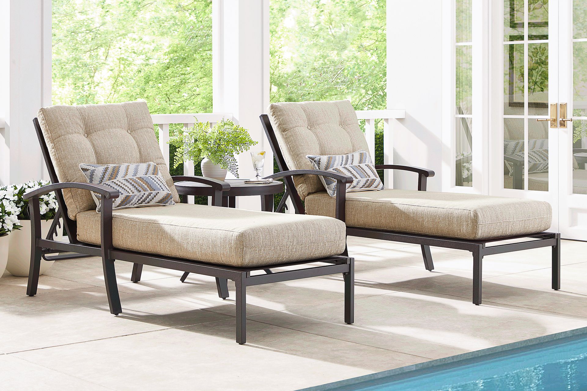 Lake Breeze Aged Bronze Outdoor Chaise with Wren Cushions, Set of 2 - Image 1