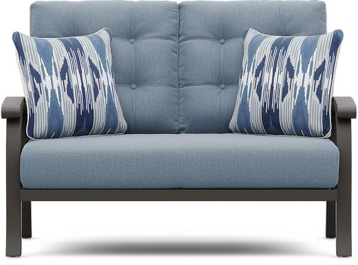 Lake Breeze Aged Bronze Outdoor Loveseat with Blueberry Cushions