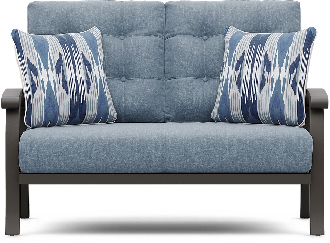 Lake Breeze Aged Bronze Outdoor Loveseat with Blueberry Cushions