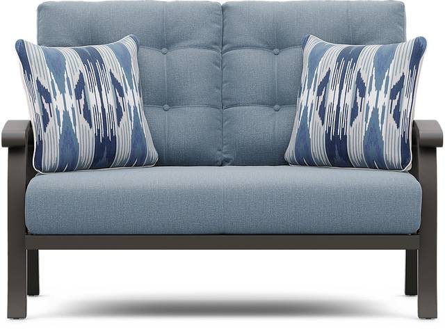 Lake Breeze Aged Bronze Outdoor Loveseat with Blueberry Cushions - Thumbnail - Image 1
