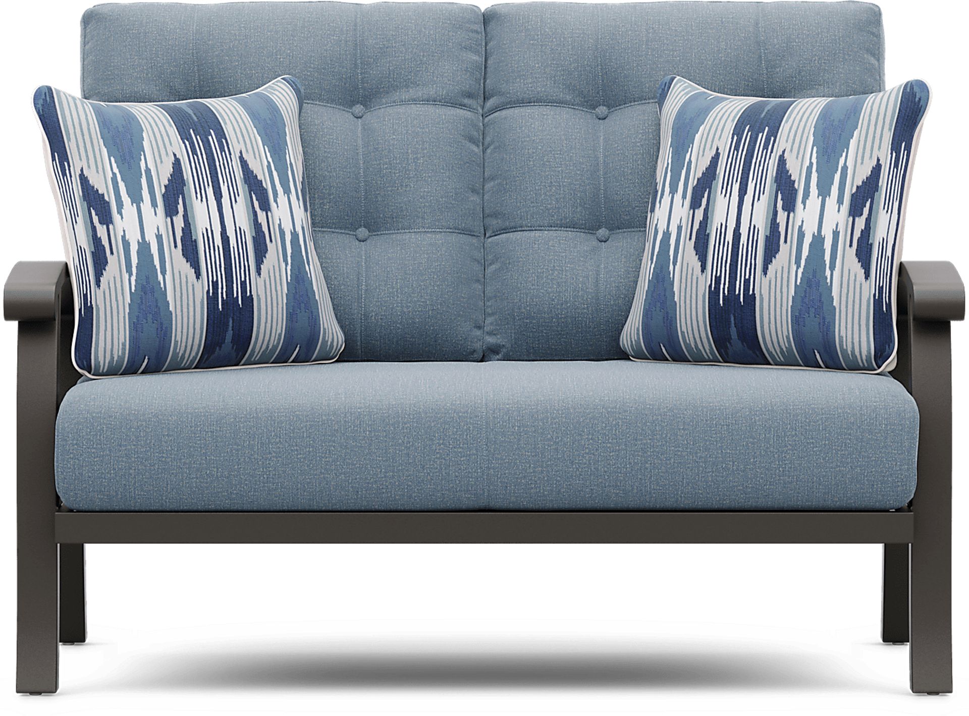 Lake Breeze Aged Bronze Outdoor Loveseat with Blueberry Cushions - Image 1