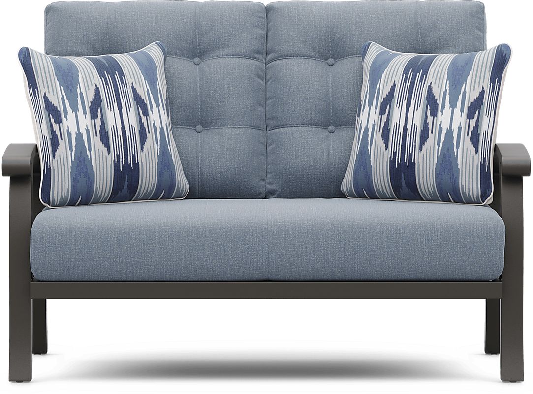 Lake Breeze Aged Bronze Outdoor Loveseat with Blueberry Cushions