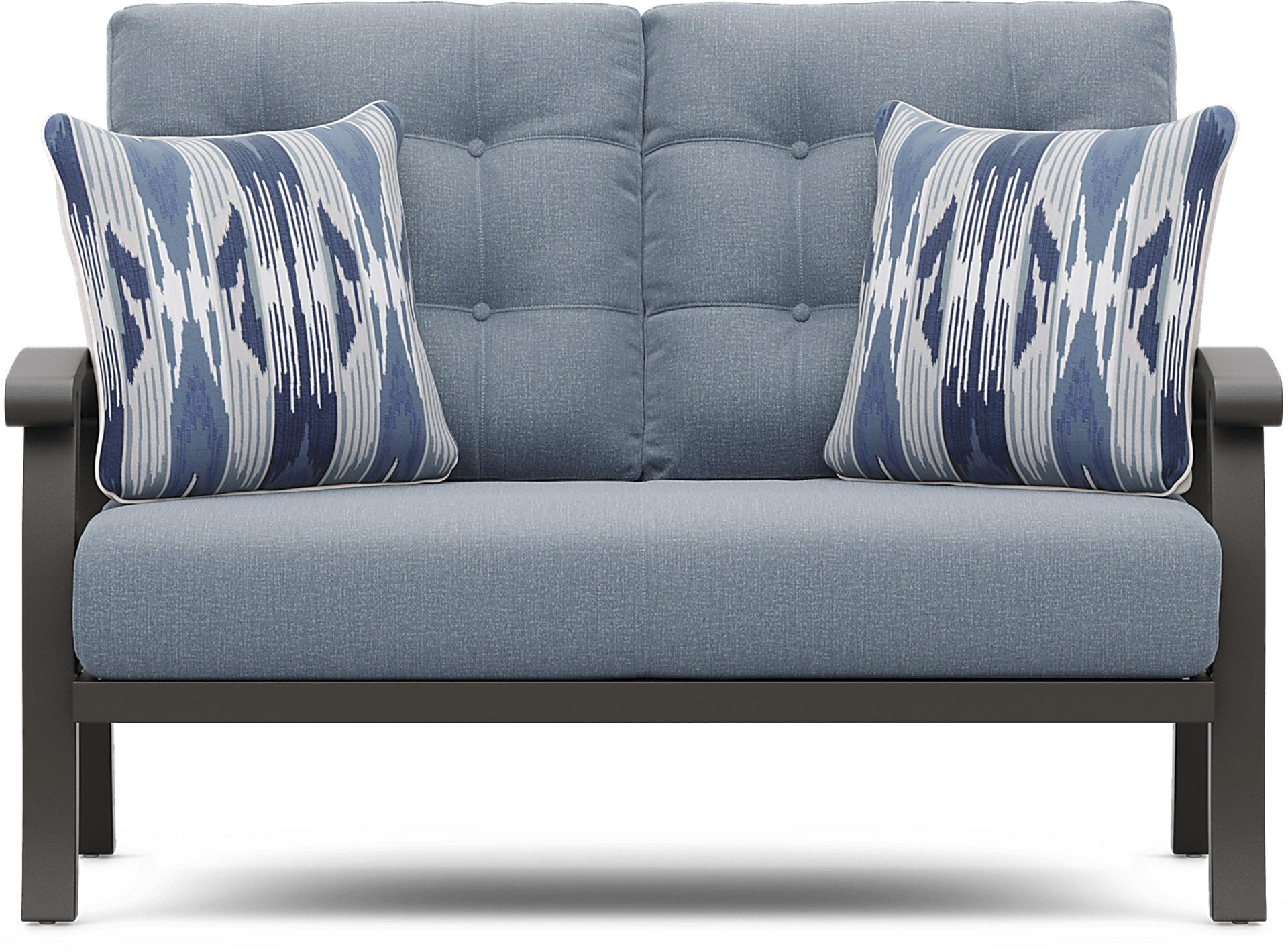 Lake Breeze Aged Bronze Outdoor Loveseat with Blueberry Cushions