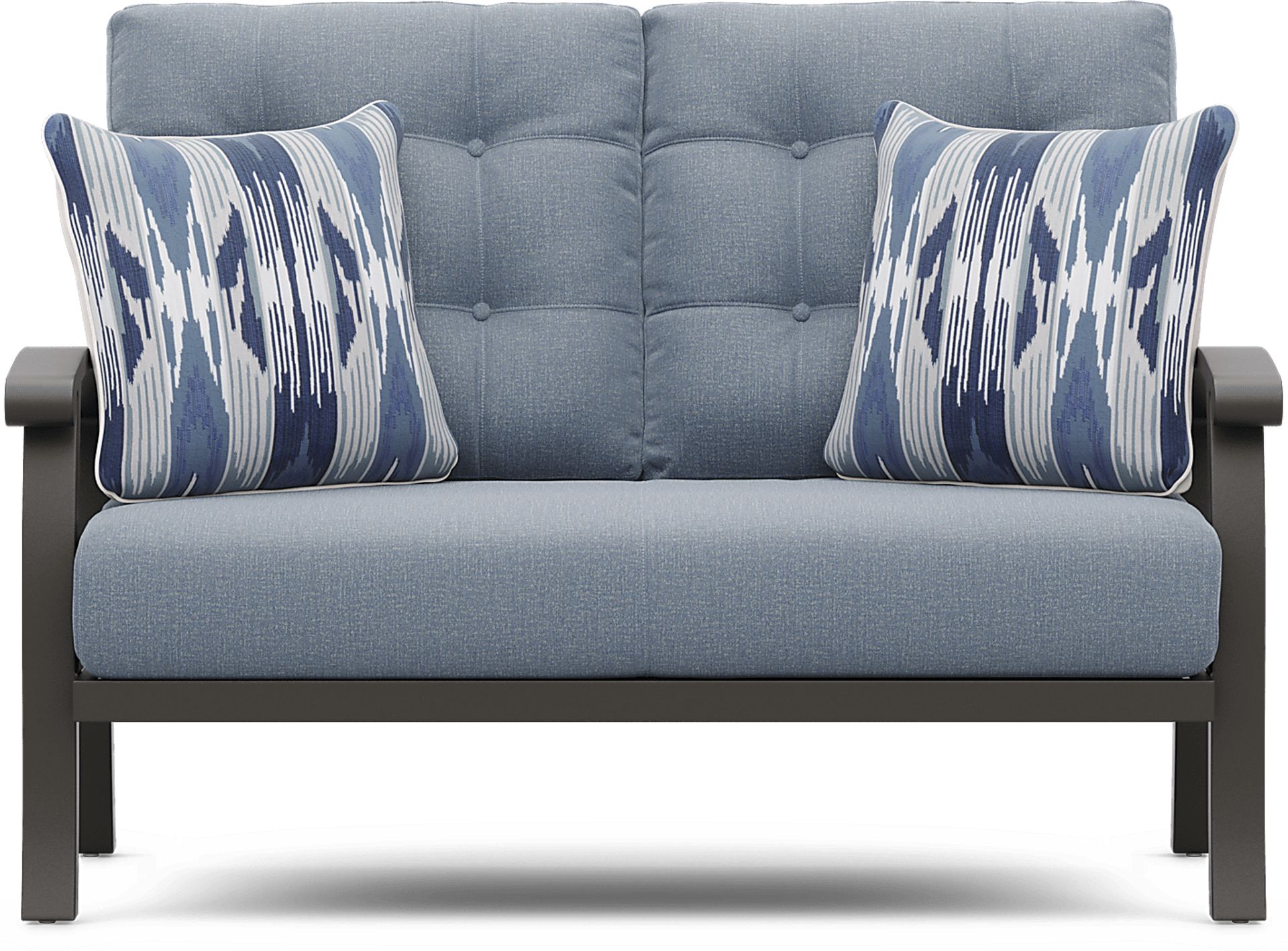 Lake Breeze Aged Bronze Outdoor Loveseat with Blueberry Cushions - Image 1