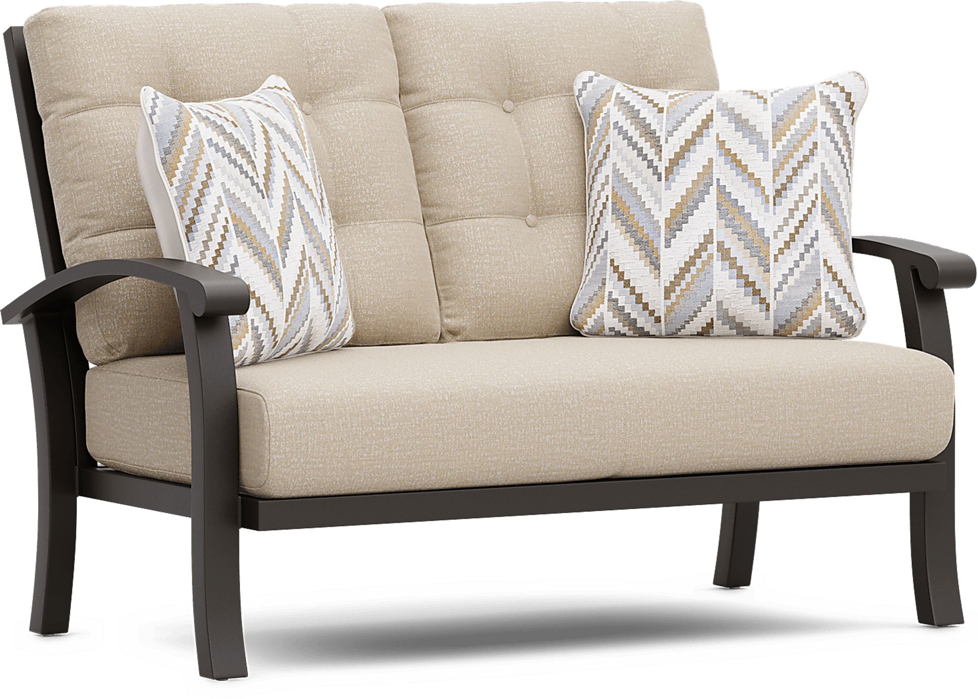 Lake Breeze Aged Bronze Outdoor Loveseat with Hemp-Colored Cushions - Image 2