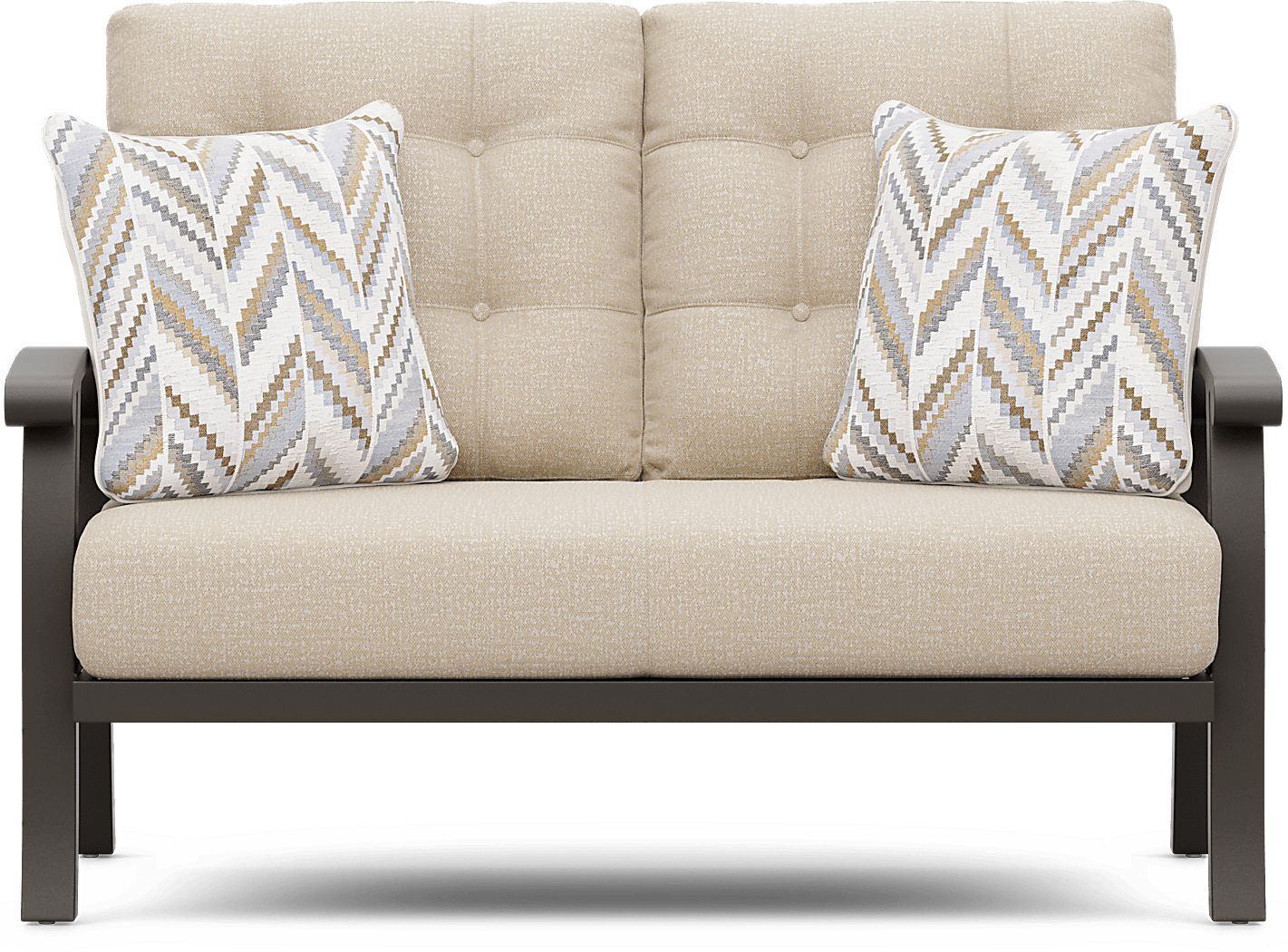 Lake Breeze Aged Bronze Outdoor Loveseat with Hemp-Colored Cushions