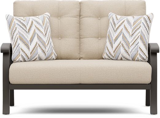 Lake Breeze Aged Bronze Outdoor Loveseat with Hemp-Colored Cushions