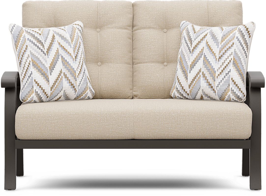 Lake Breeze Aged Bronze Outdoor Loveseat with Hemp-Colored Cushions