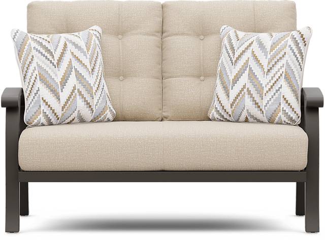 Lake Breeze Aged Bronze Outdoor Loveseat with Hemp-Colored Cushions - Thumbnail - Image 1