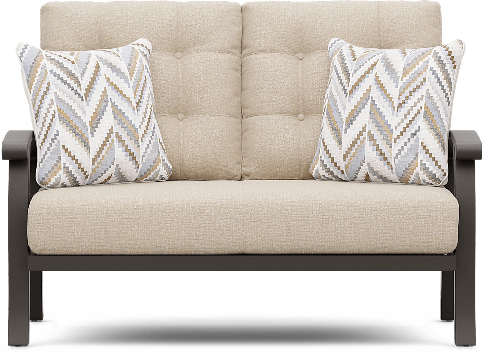 Lake Breeze Aged Bronze Outdoor Loveseat with Hemp-Colored Cushions - Image 1