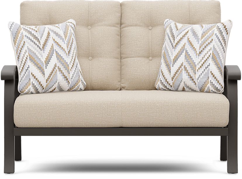 Lake Breeze Aged Bronze Outdoor Loveseat with Hemp-Colored Cushions