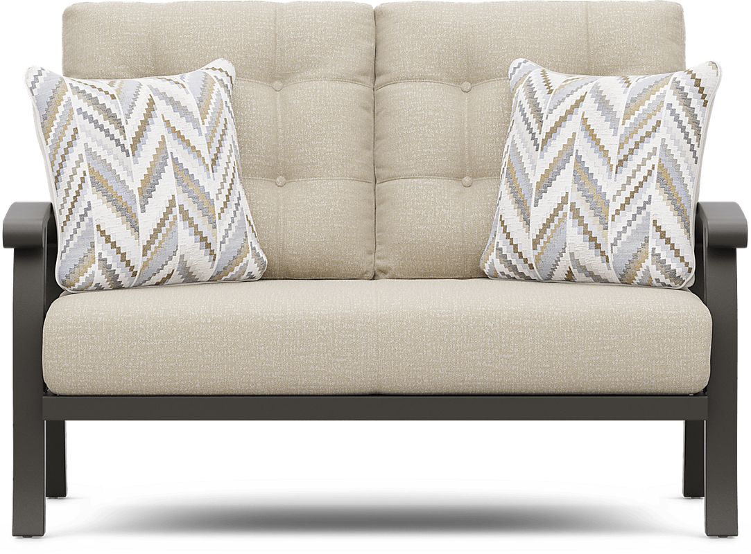 Lake Breeze Aged Bronze Outdoor Loveseat with Hemp-Colored Cushions