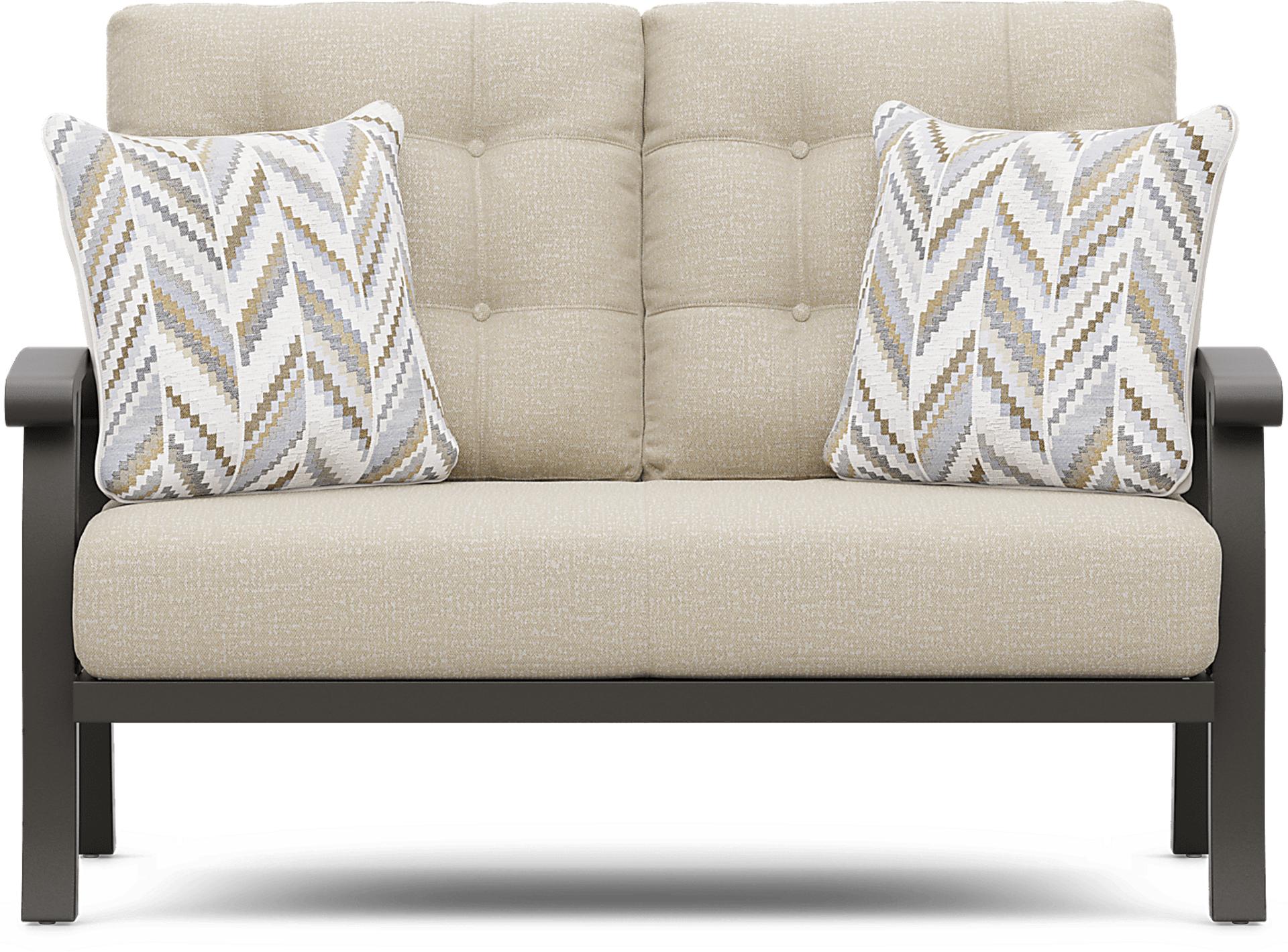 Lake Breeze Aged Bronze Outdoor Loveseat with Hemp-Colored Cushions