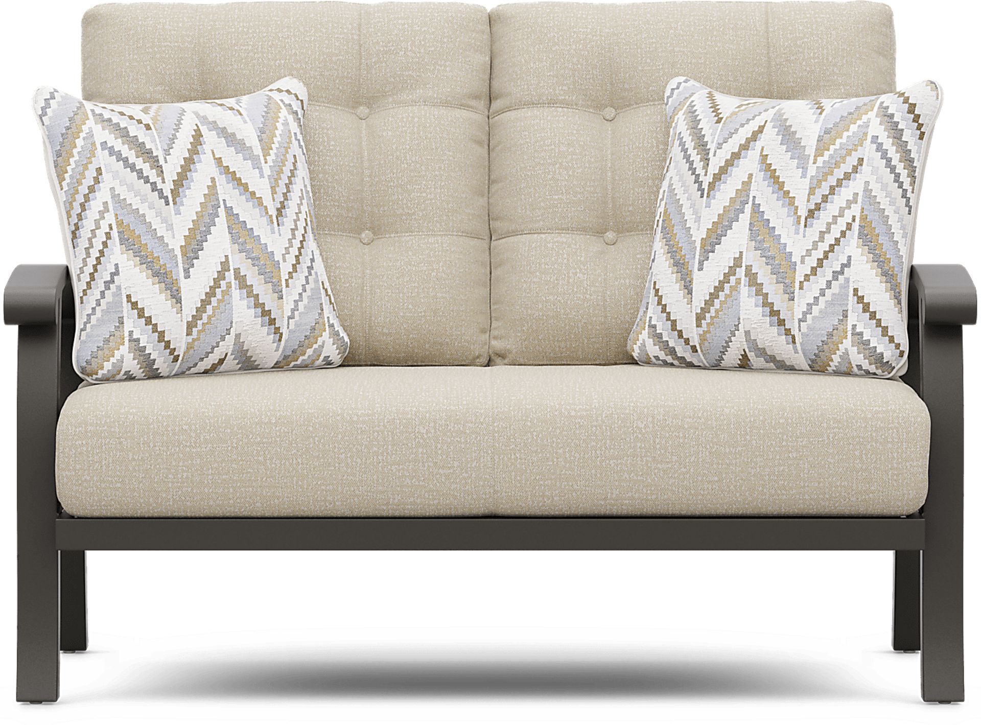 Lake Breeze Aged Bronze Outdoor Loveseat with Hemp-Colored Cushions - Image 1