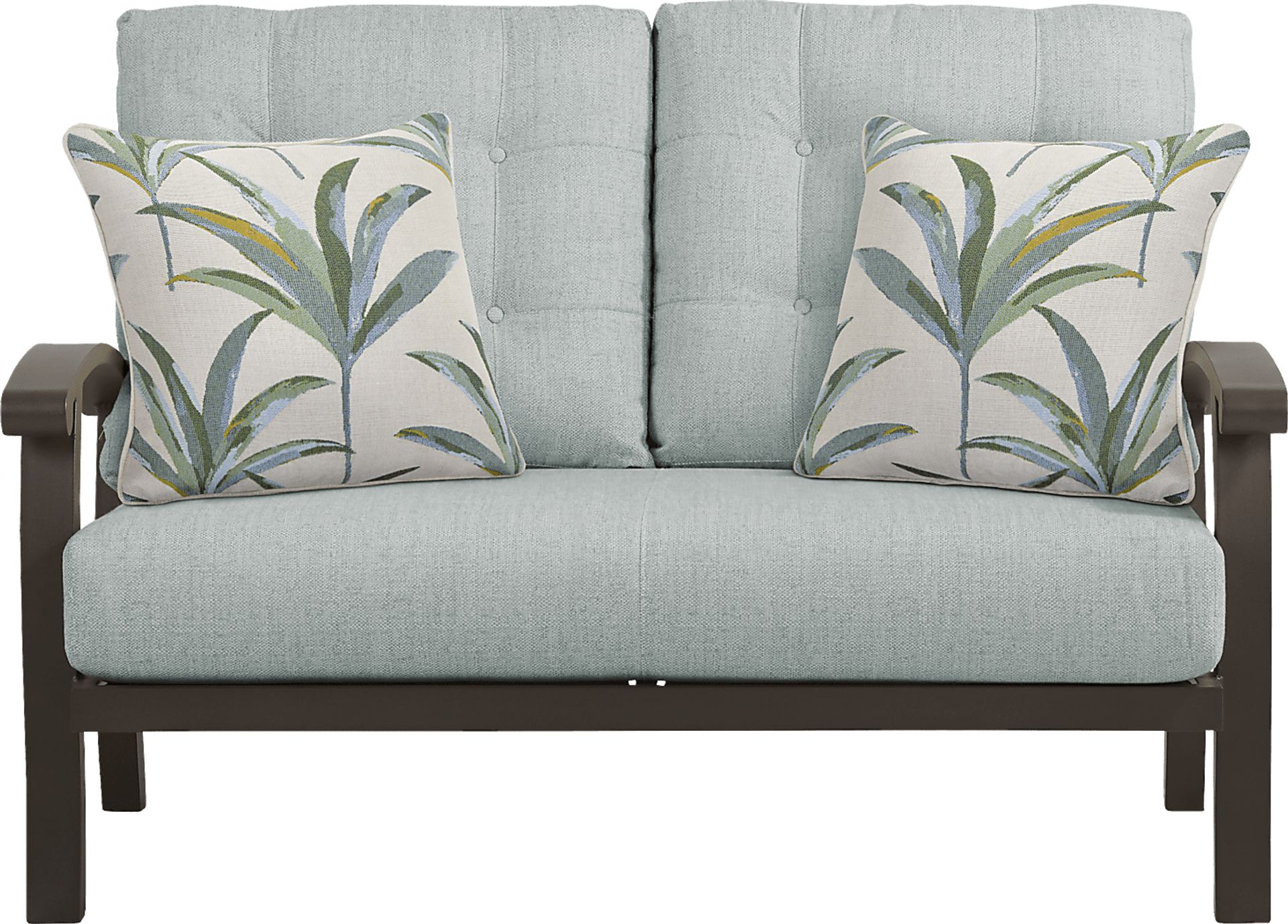 Lake Breeze Aged Bronze Outdoor Loveseat with Mist Cushions - Image 1