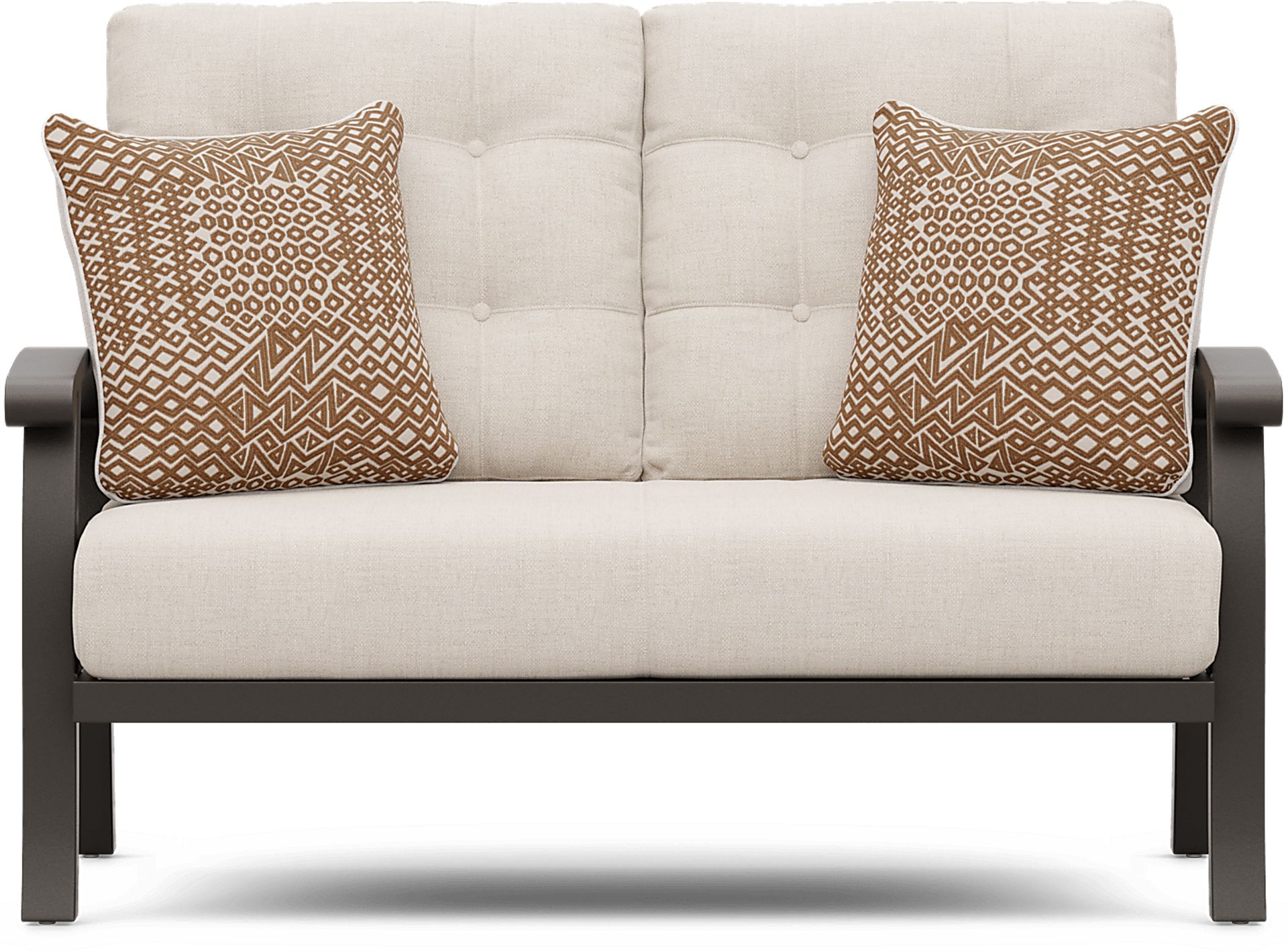 Lake Breeze Aged Bronze Outdoor Loveseat with Parchment Cushions - Image 1