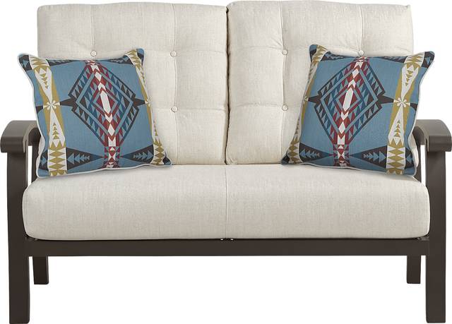 Lake Breeze Aged Bronze Outdoor Loveseat With Parchment Cushions - Thumbnail - Image 1