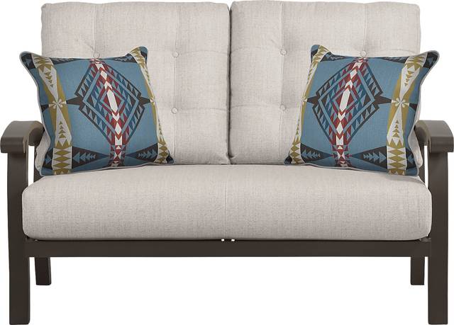 Lake Breeze Aged Bronze Outdoor Loveseat With Rollo Linen Cushions - Thumbnail - Image 1