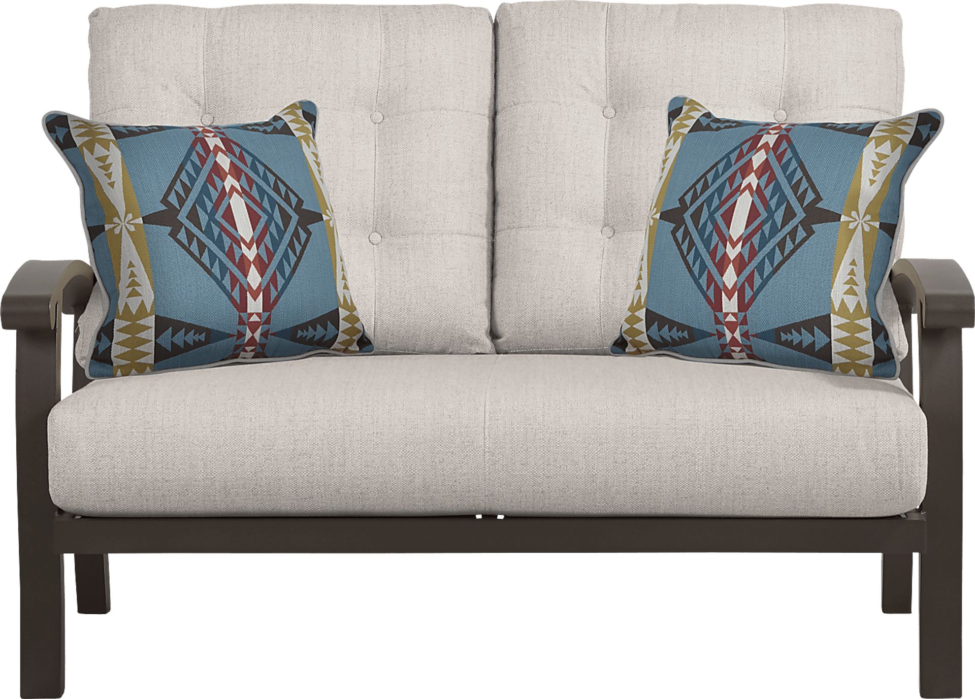 Lake Breeze Aged Bronze Outdoor Loveseat With Rollo Linen Cushions - Image 1