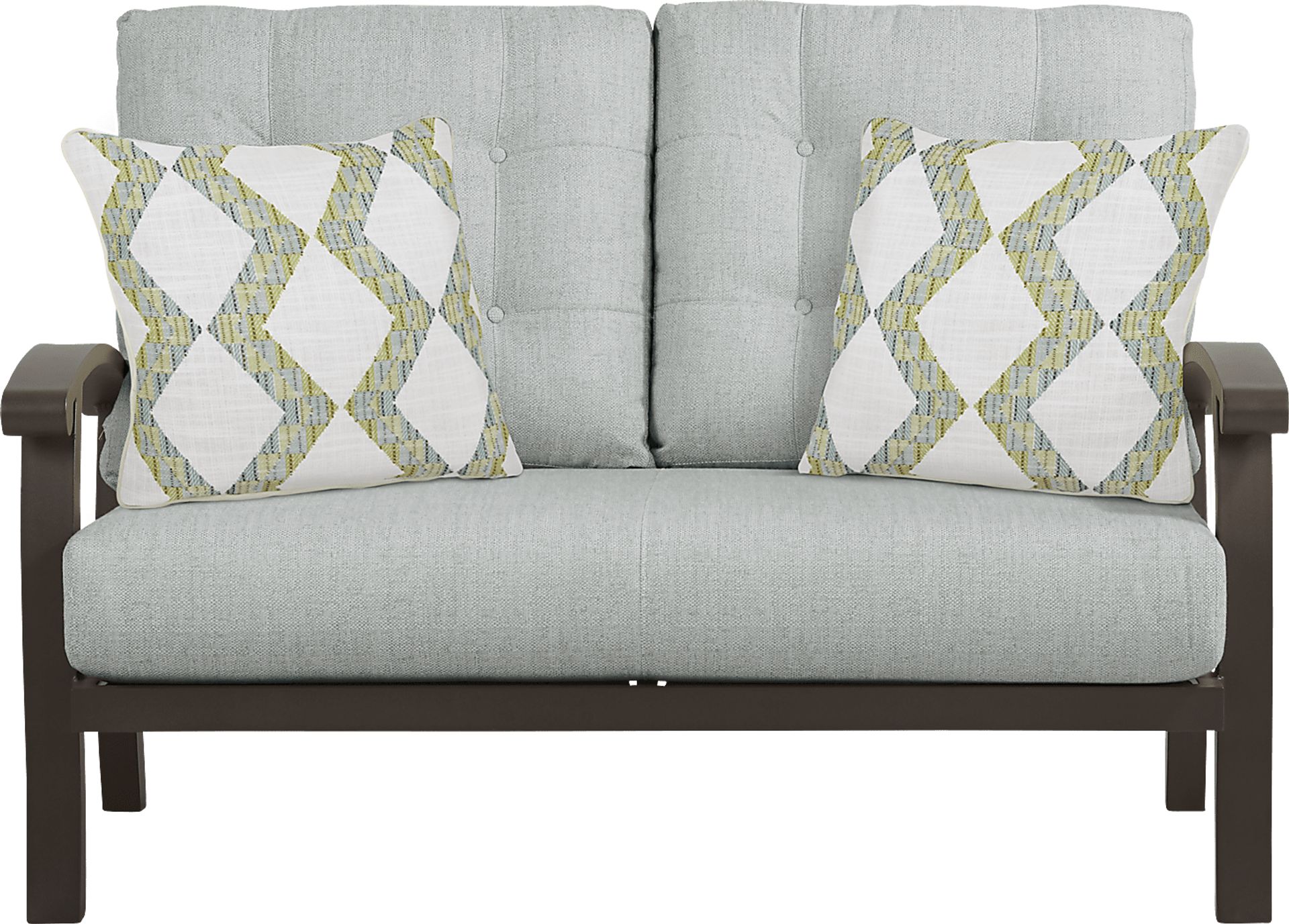 Lake Breeze Aged Bronze Outdoor Loveseat With Rollo Mist Cushions - Image 1