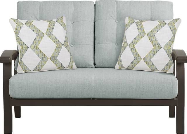 Lake Breeze Aged Bronze Outdoor Loveseat With Mist Cushions - Thumbnail - Image 1