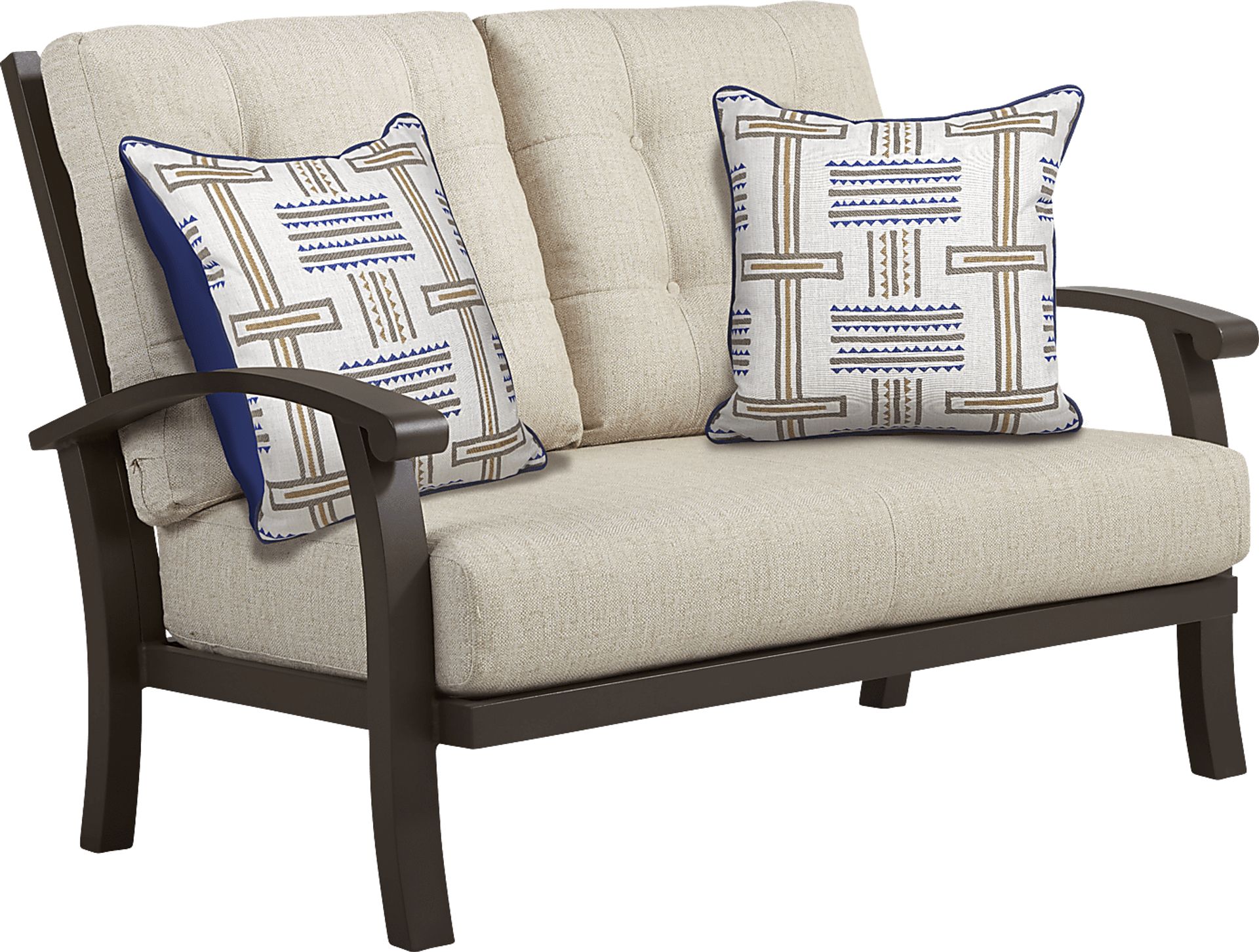 Lake Breeze Aged Bronze Outdoor Loveseat with Wren Cushions - Image 1