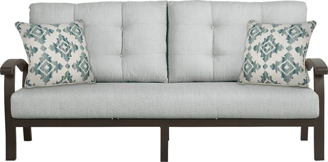 Lake Breeze Aged Bronze Outdoor Sofa With Rollo Seafoam Cushions - Thumbnail - Image 1