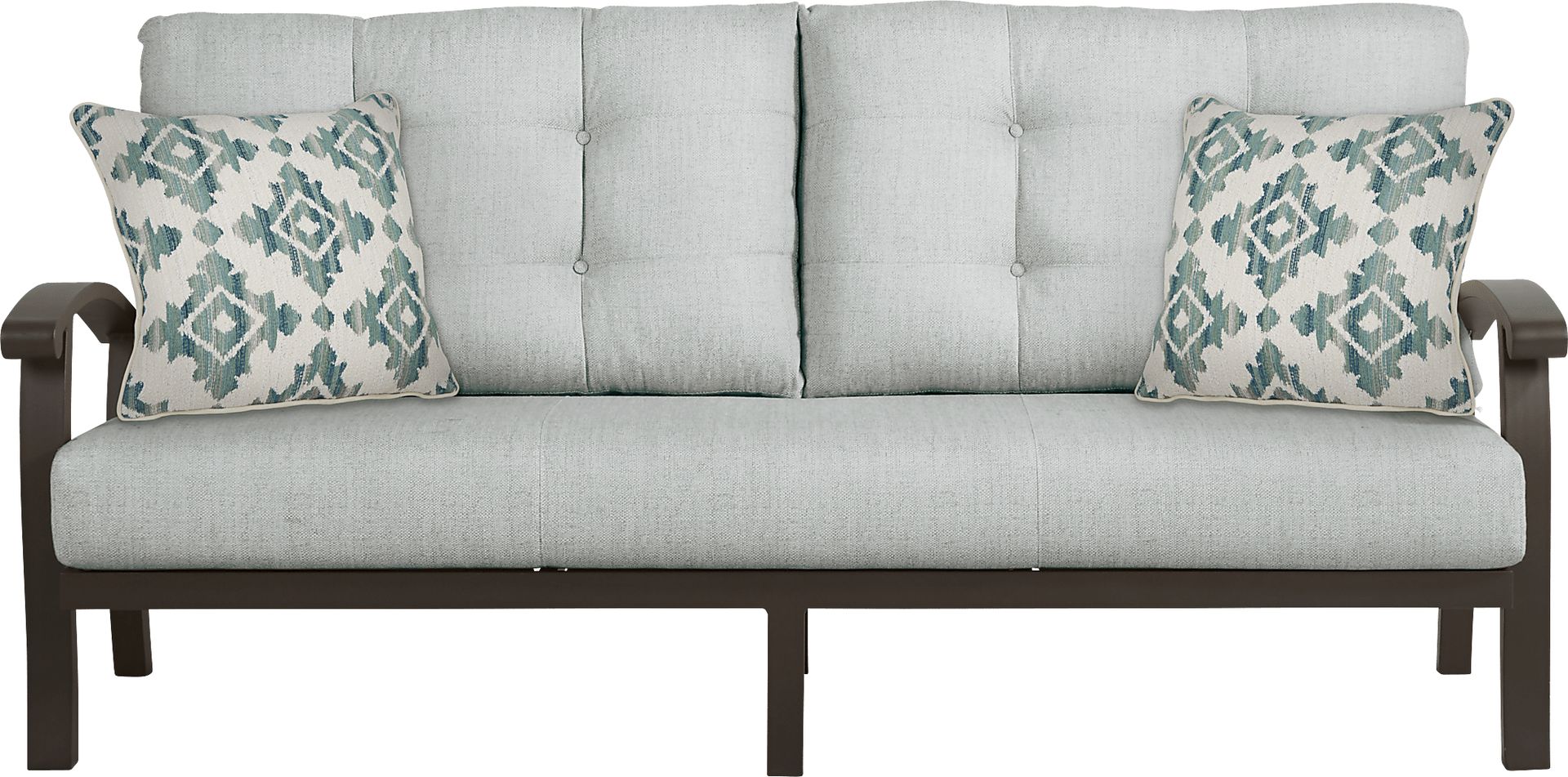 Lake Breeze Aged Bronze Outdoor Sofa With Rollo Seafoam Cushions - Image 1