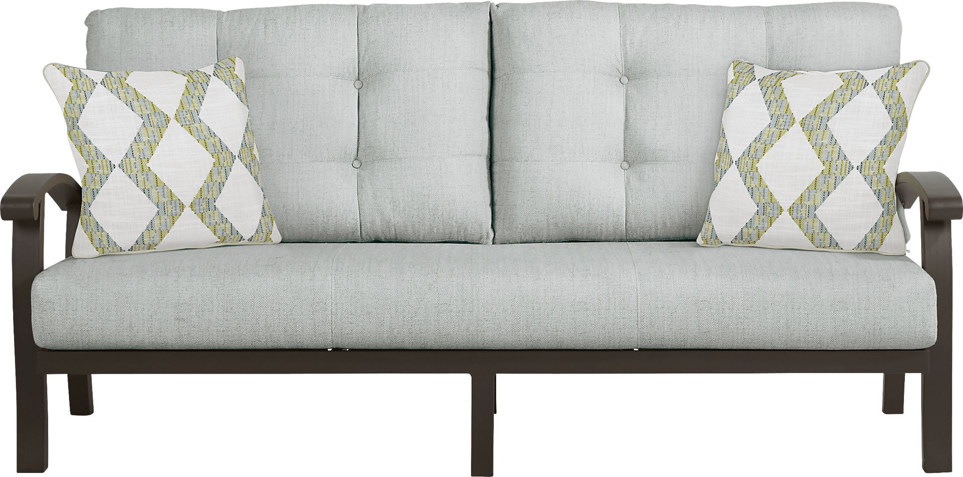 Lake Breeze Aged Bronze Outdoor Sofa With Rollo Mist Cushions - Image 1