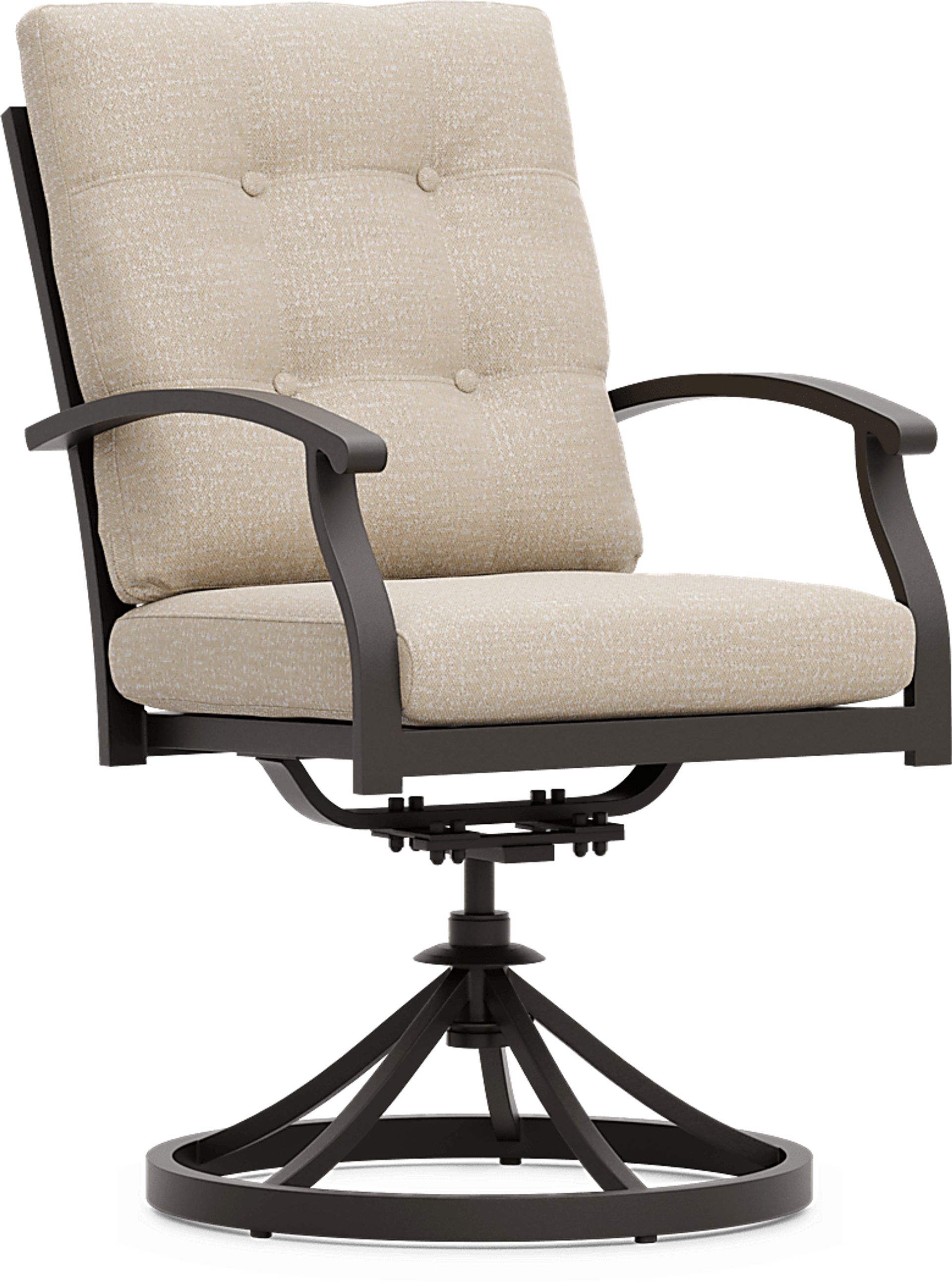 Lake Breeze Aged Bronze Outdoor Swivel Dining Chair with Hemp-Colored Cushions - Image 1