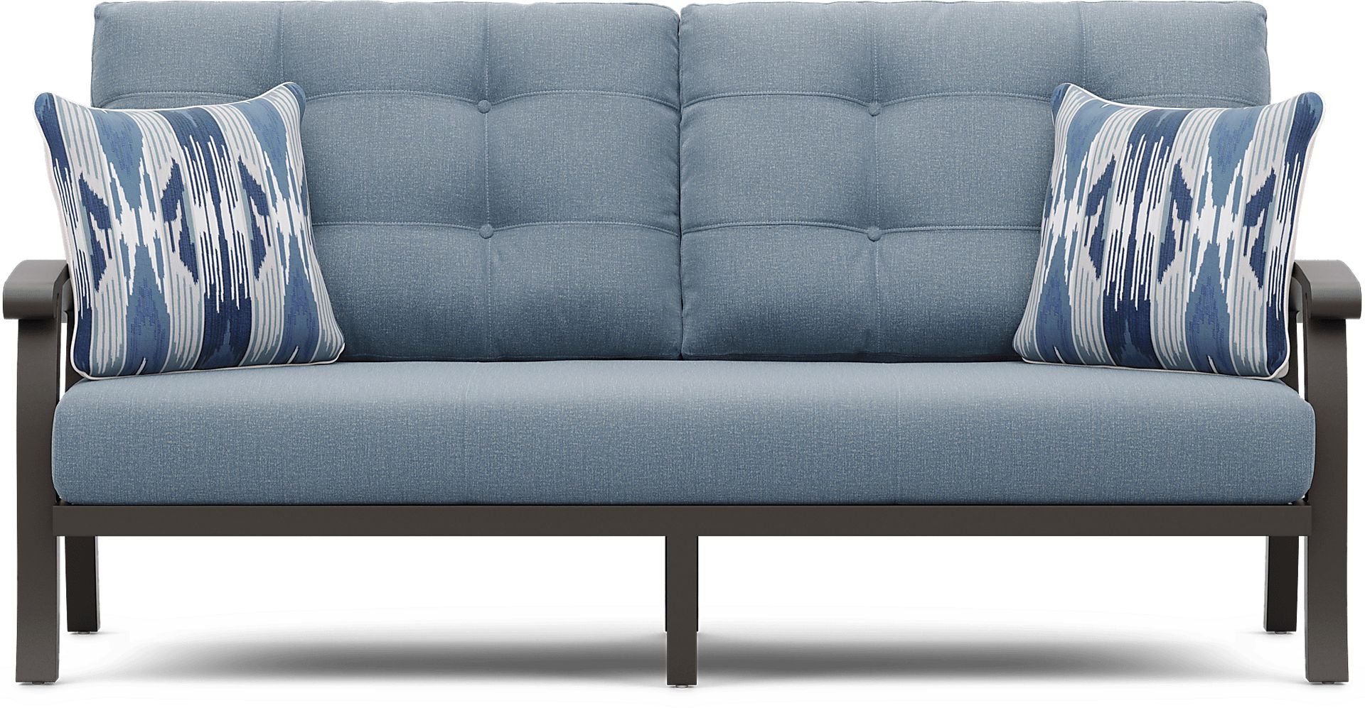 Lake Breeze Aged Bronze Outdoor Sofa with Blueberry Cushions - Image 1