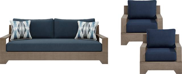 Lake Tahoe Gray 3 Pc Outdoor Seating Set with Indigo Cushions - Thumbnail - Image 1