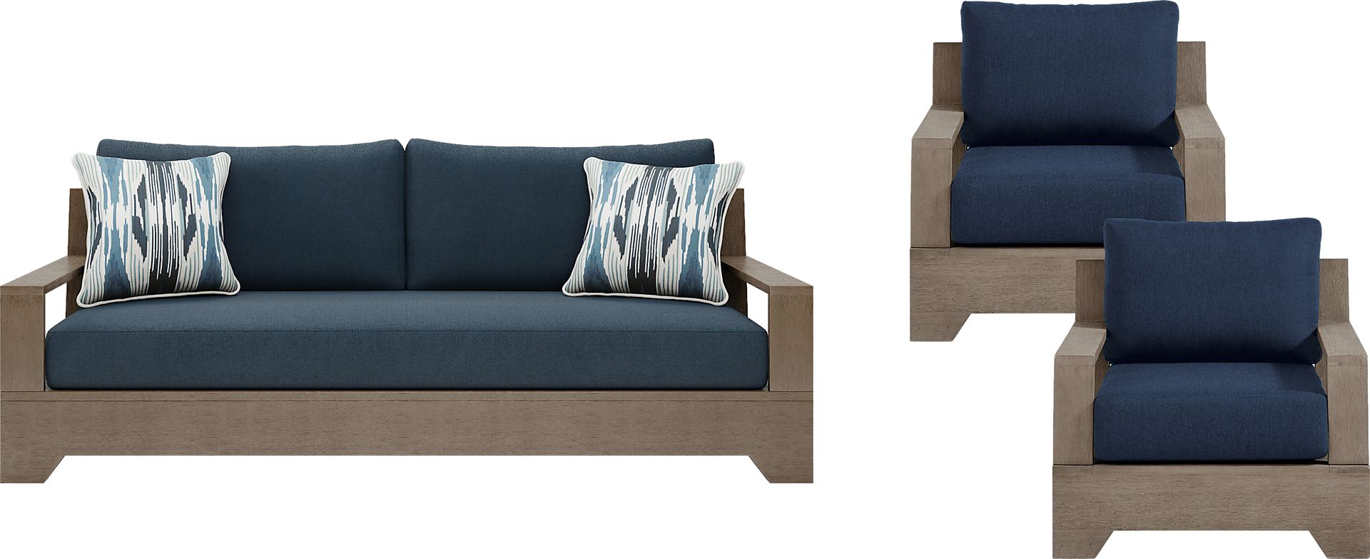 Lake Tahoe Gray 3 Pc Outdoor Seating Set with Indigo Cushions - Image 1
