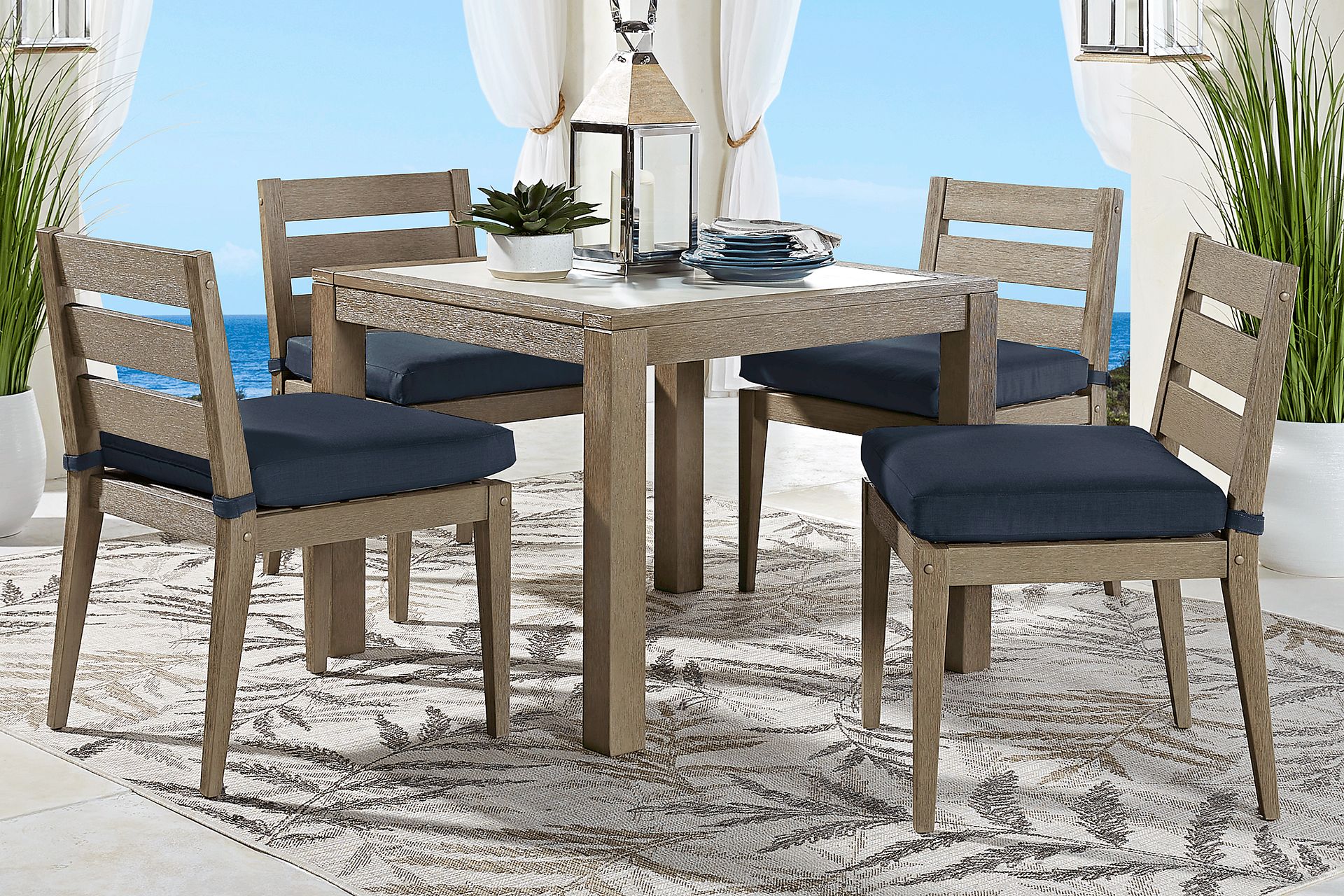 Lake Tahoe Gray 5 Pc Square Outdoor Dining Set with Indigo Cushions - Image 1