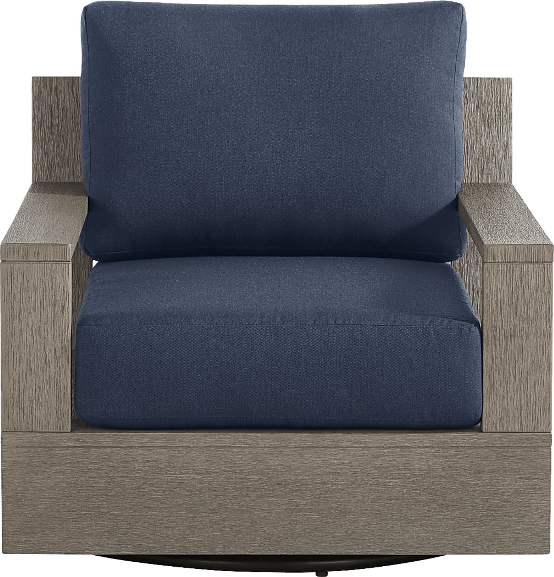 Lake Tahoe Gray Outdoor Swivel Chair with Indigo Pillows - Image 2