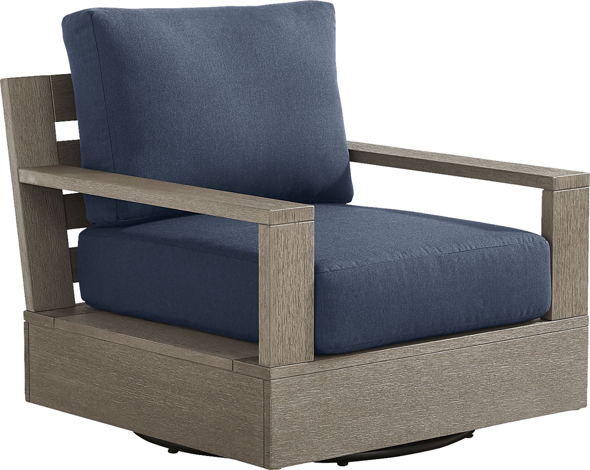 Lake Tahoe Gray Outdoor Swivel Chair with Indigo Pillows - Image 1