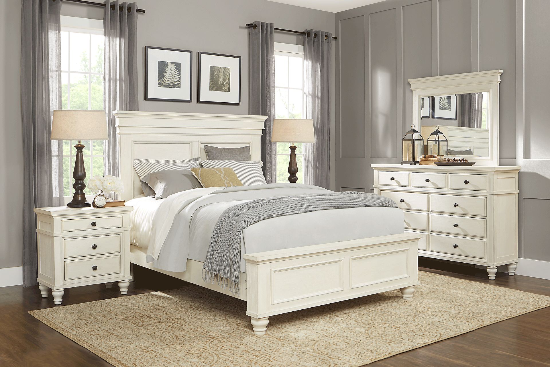 Lake Town 5 Pc Off White Light Wood White Queen Bedroom Set With Dresser Mirror 3 Pc Queen Panel Bed Rooms to Go