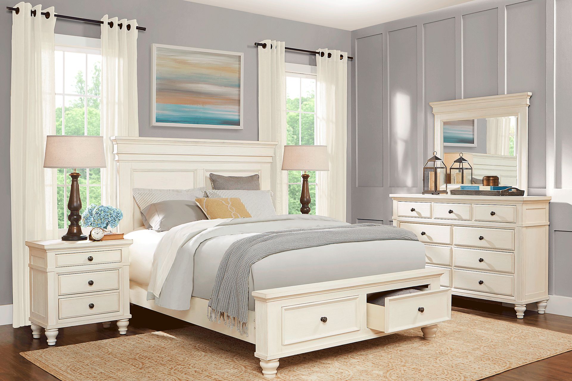 Lake Town Off-White 7 Pc King Panel Bedroom with Storage - Image 1