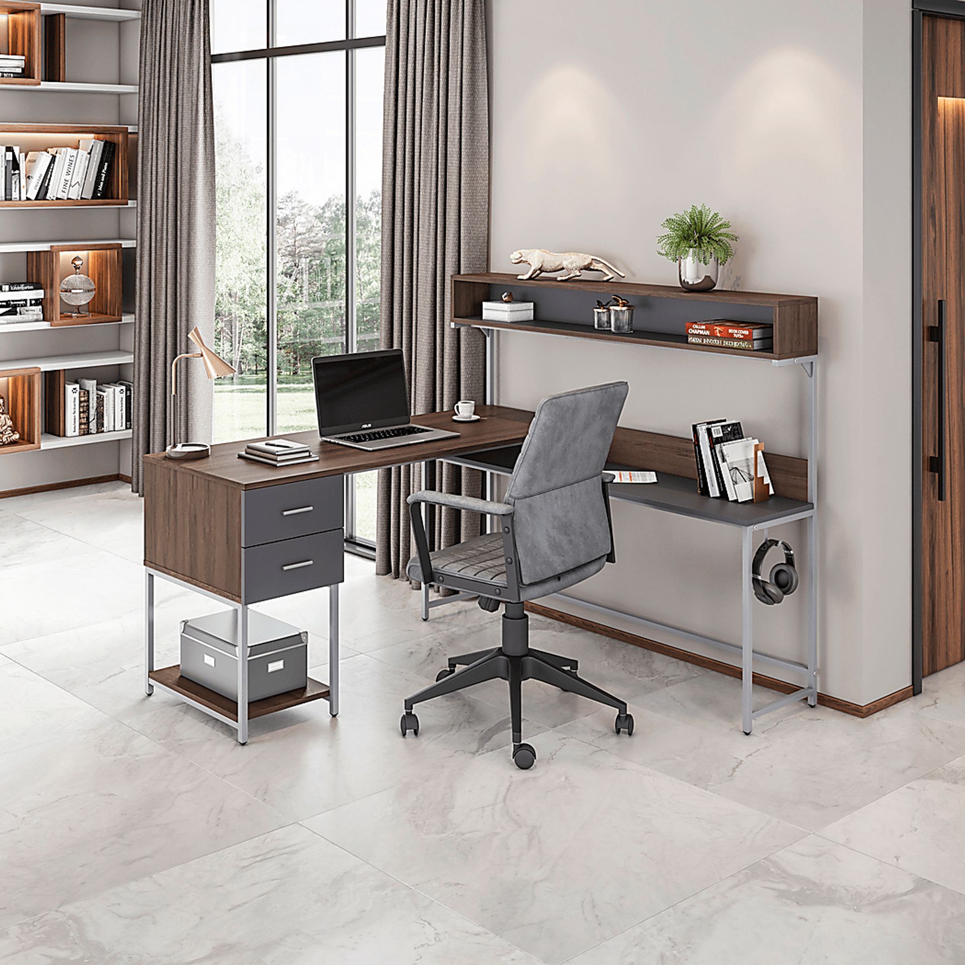 Lamlou Walnut L-Shaped Storage Desk - Image 2