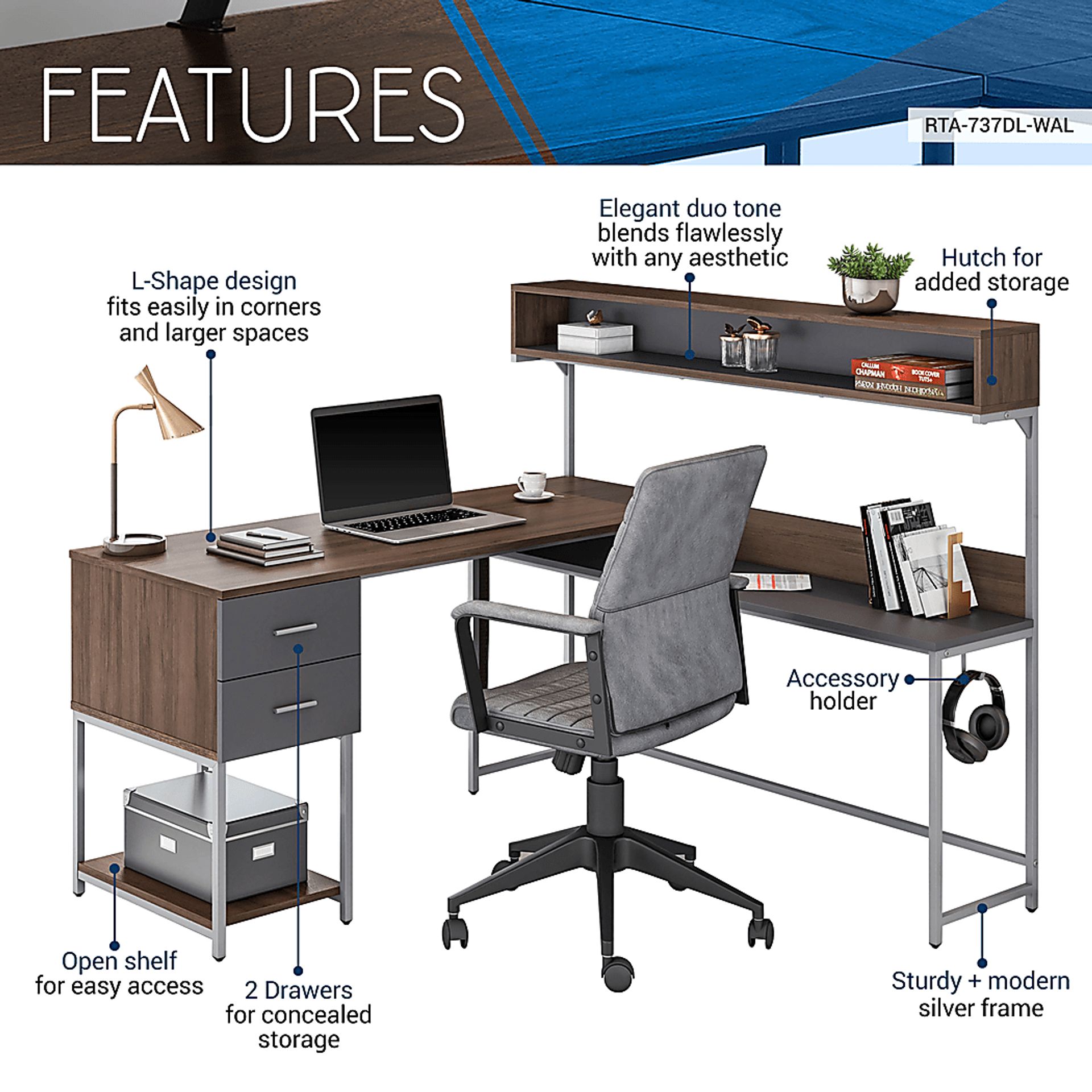 Lamlou Walnut L-Shaped Storage Desk - Image 3