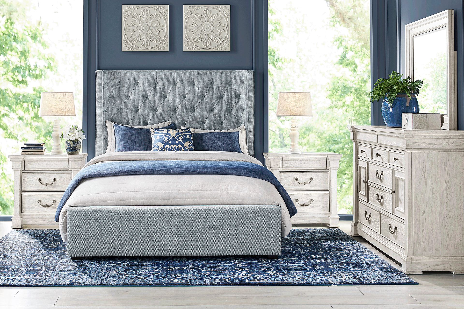Landon Creek White 5 Pc Bedroom with Harlow Hill Blue Gray King Upholstered Bed - Image 1
